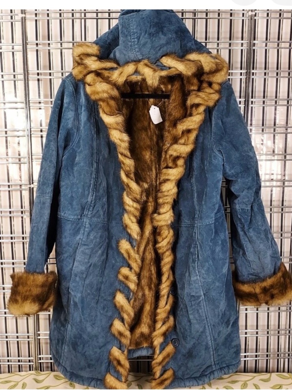 dennis basso Blue Suede Hooded Trench Coat with Brown Fur Trim